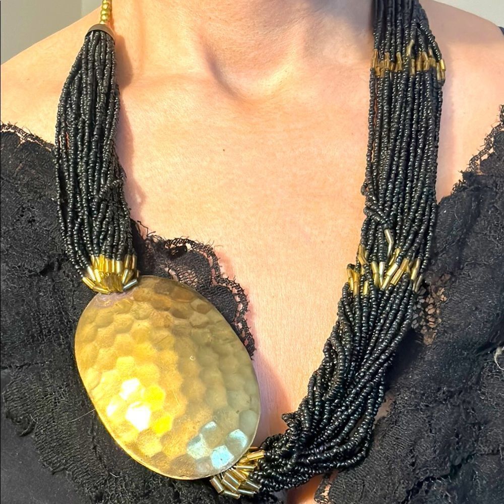 Vtg Haute Couture Black Glass Seed Bead Brass Side Pendant Torsade Necklace 26”